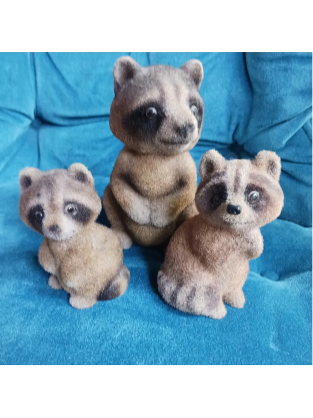 Vintage Flocked Raccoon Bank Figurine Trio Lot Of 3 Trashpanda Bandit Mama
